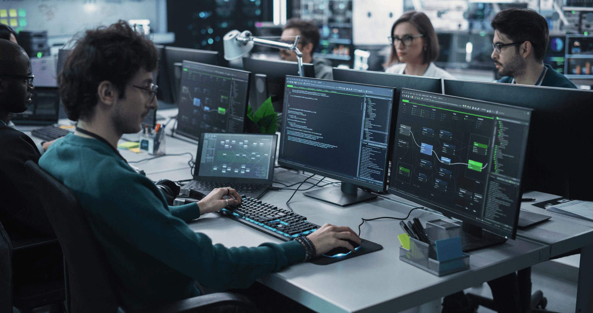Mattermost team collaborating in a modern workspace