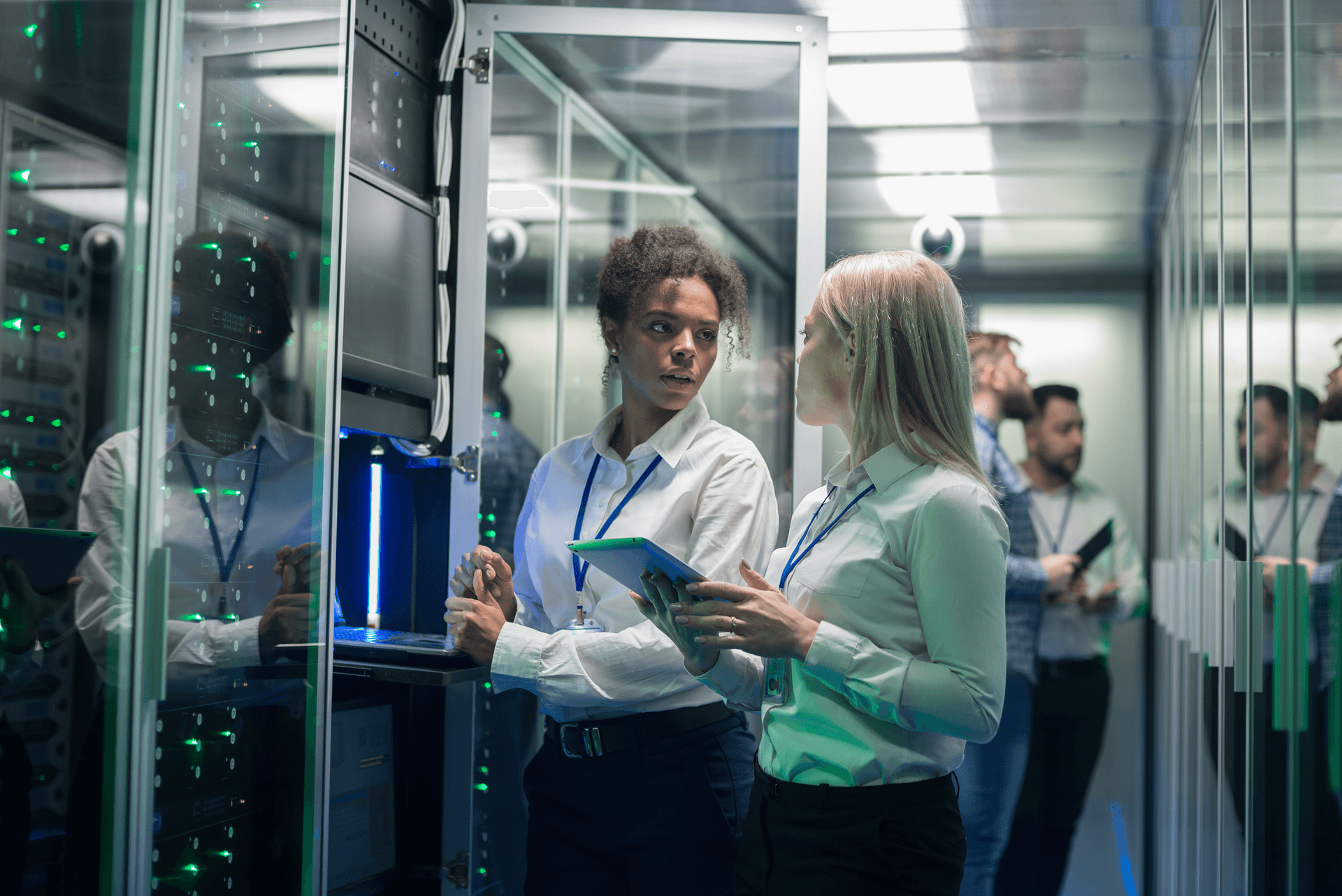 Developers collaborating in a technical environment