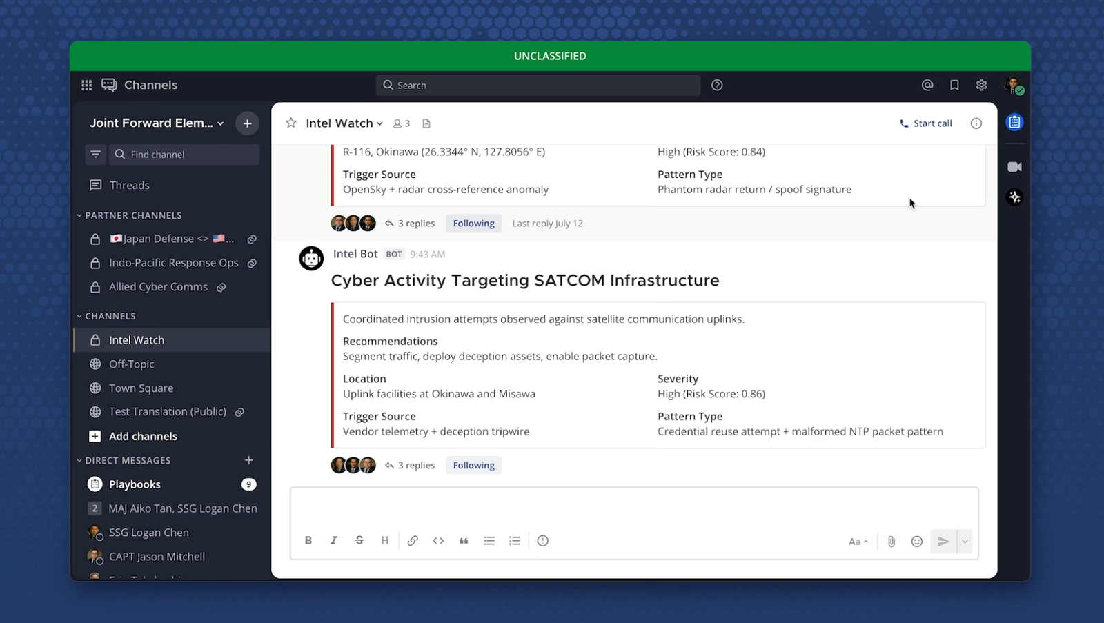 Mattermost secure messaging interface with UNCLASSIFIED banner and intel alert