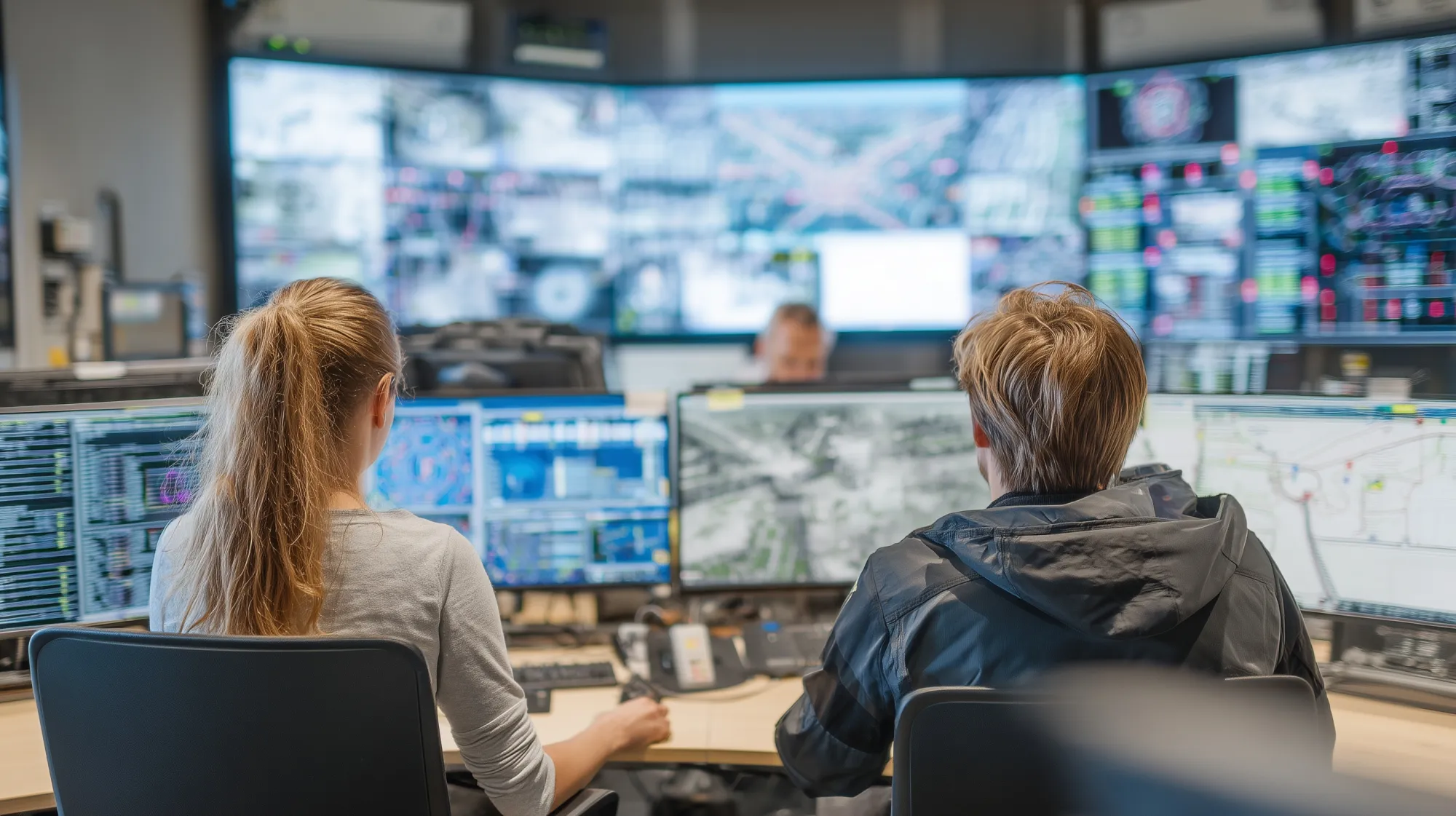 Emergency response and safety dispatchers monitoring multiple screens and camera feeds