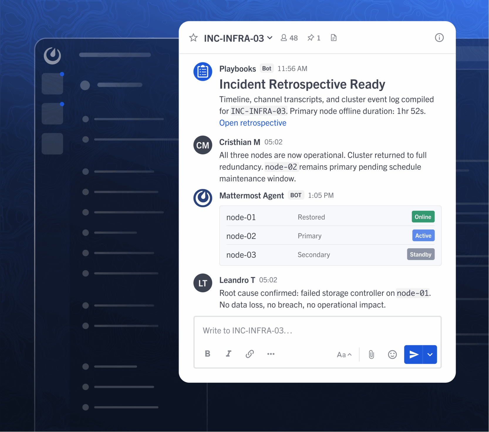 Incident retrospective with full outage record in Mattermost