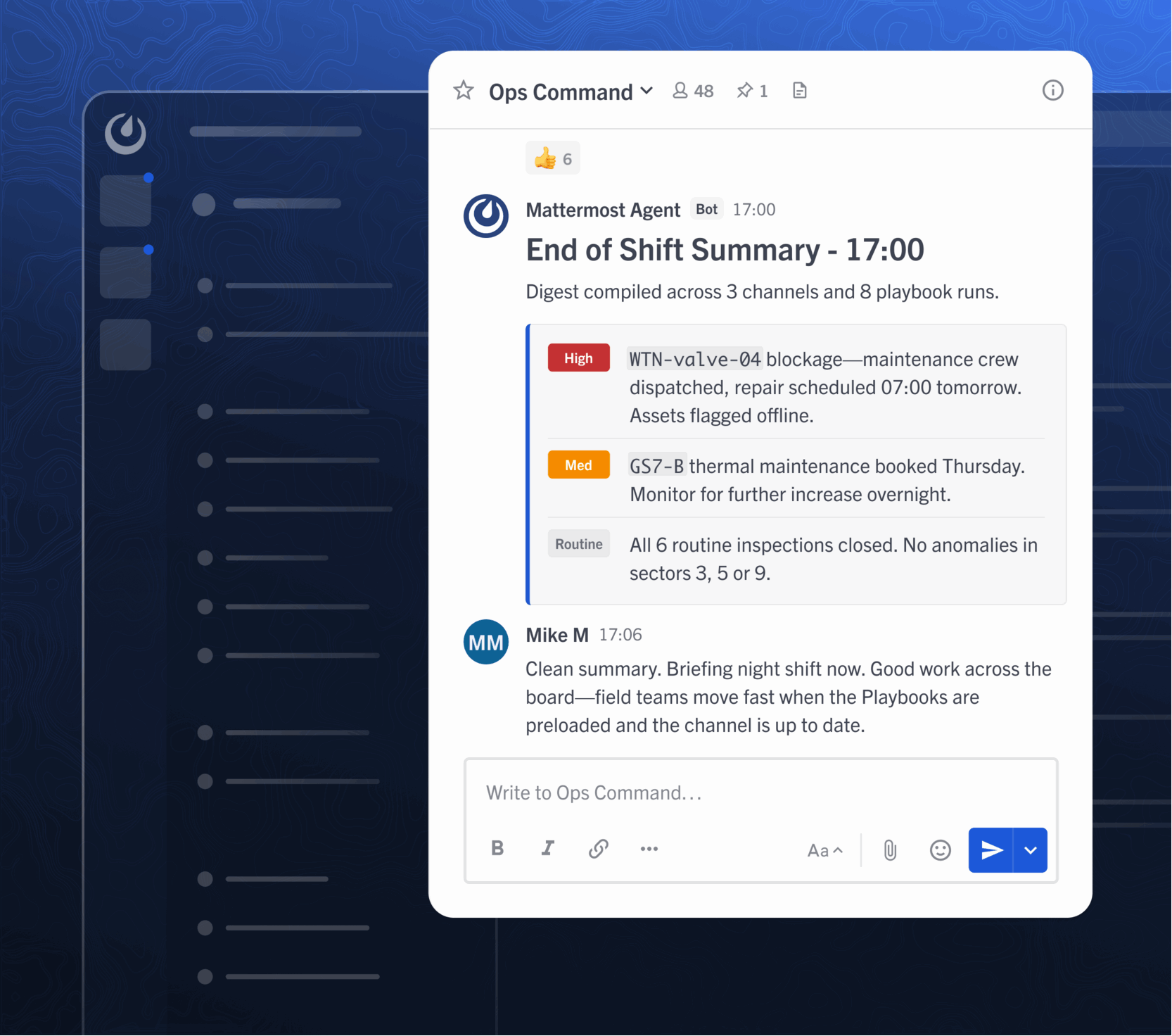 HQ end-of-shift operational summary in Mattermost
