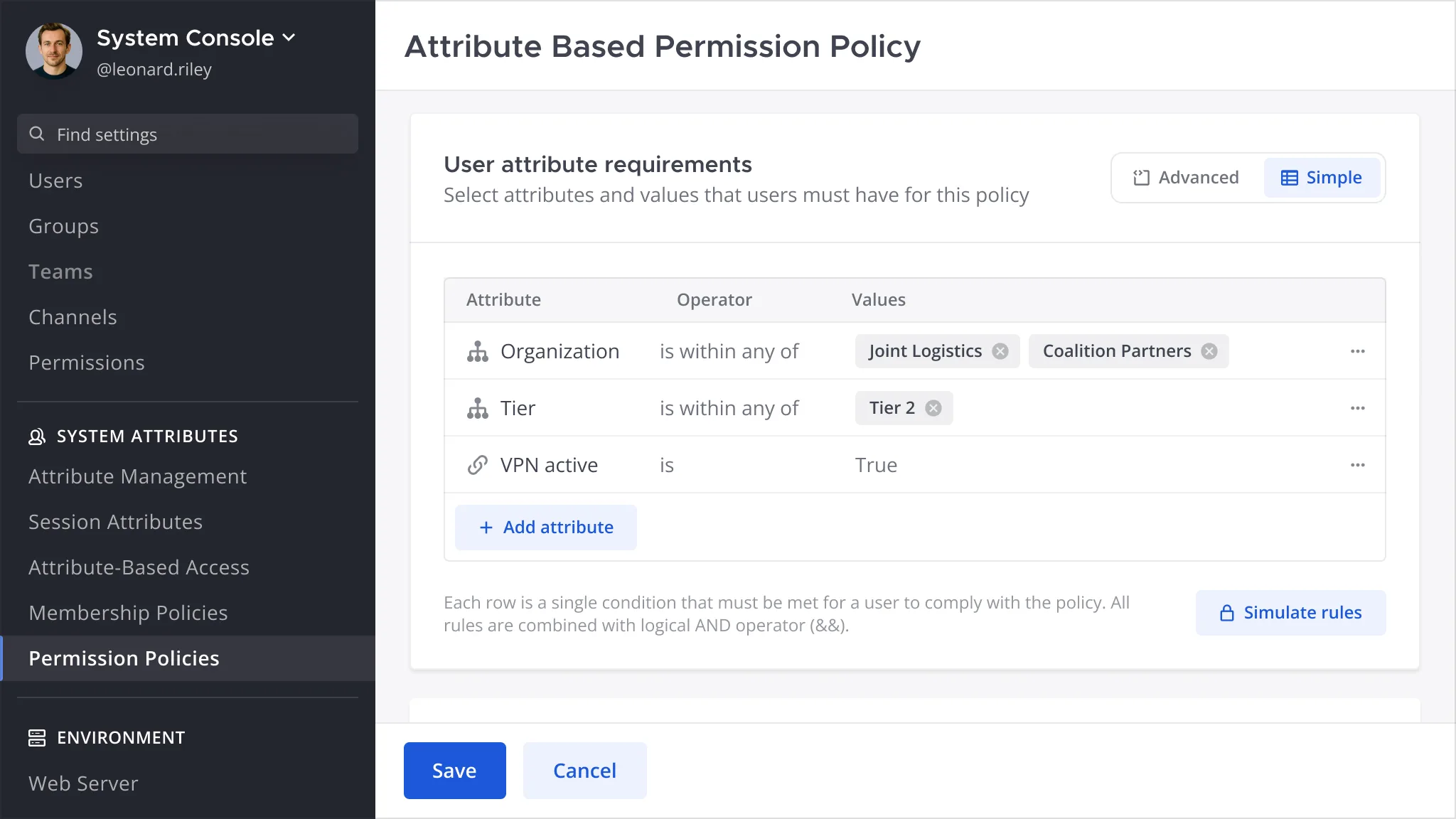 System console attribute-based permission policy requiring organization, tier, and an active VPN