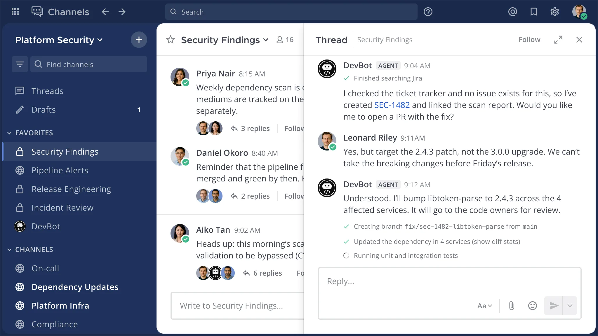 Security Findings channel where an agent reviews a dependency scan, links a ticket, and prepares a fix