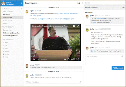 Mattermost web experience with pre-set and fully customizable theme colors