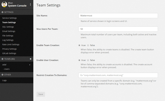 team settings