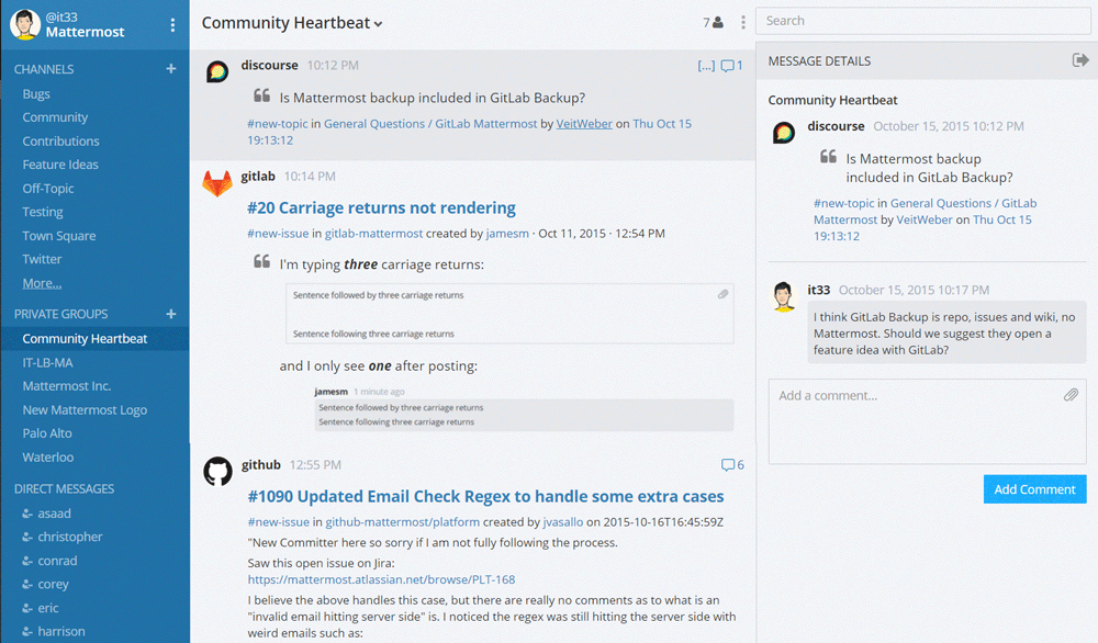 Notifications from Mattermost community channels flowing into Mattermost team site from GitLab, Discourse and GitHub